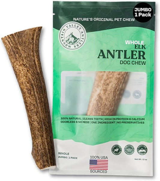 Mountain Valley Elk Antlers for Dogs - 100% Natural & Organic Chew for Aggressive Chewers, No Odor, No Mess, Long Lasting - Wild-Foraged Naturally Shed Antlers in USA - Grade A, Whole Jumbo (1 Pack)