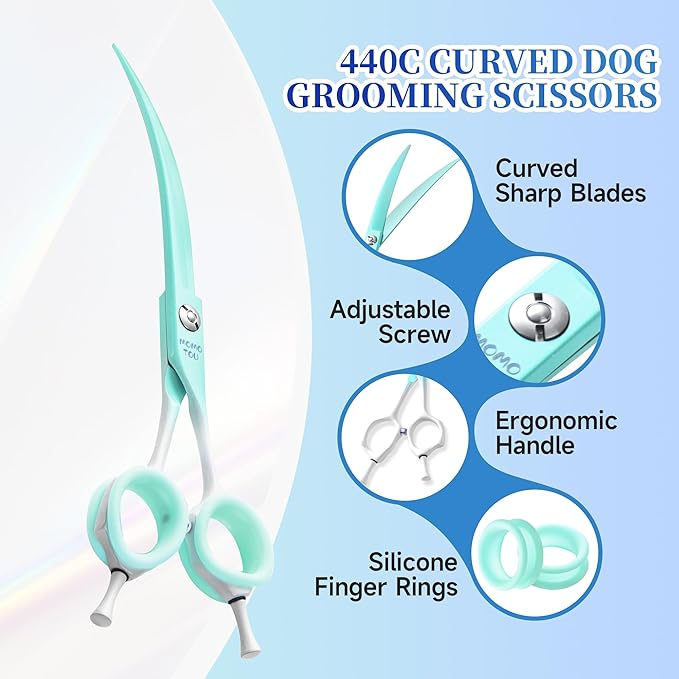 Curved Dog Grooming Scissors Green to White Gradient 440C Stainless Steel Sharp Durable Dog Shears for Professional or Home Use Ergonomic Handle with 2 Silicone Finger Rings