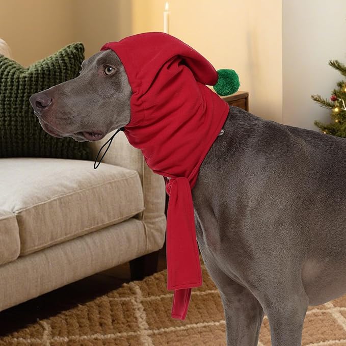 DENTRUN Dog Winter Hat - Cozy Fleece Hood & Scarf for Large Dogs, Noise-Reducing Ear Cover, Christmas Costume, Red (L:12-18" Head Girth)
