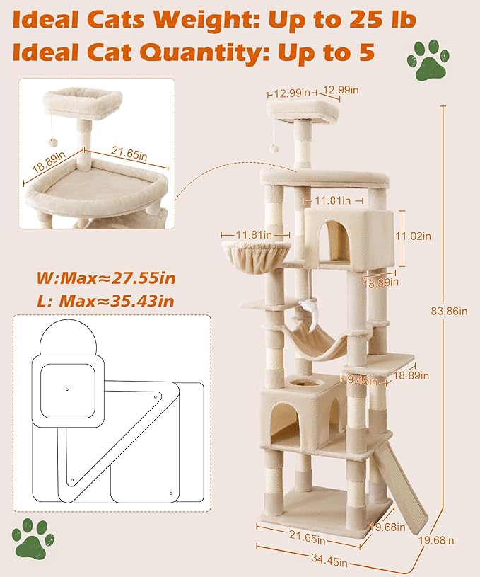AMHANCIBLE Cat Tree, 83 Inch Large Multi-Level Tall Tower for Indoor Adult Cats, with Scratching Post and Board, Hammock, Condos, Hanging Basket, Activity Center to Play and Sleep, Beige, PT21BG