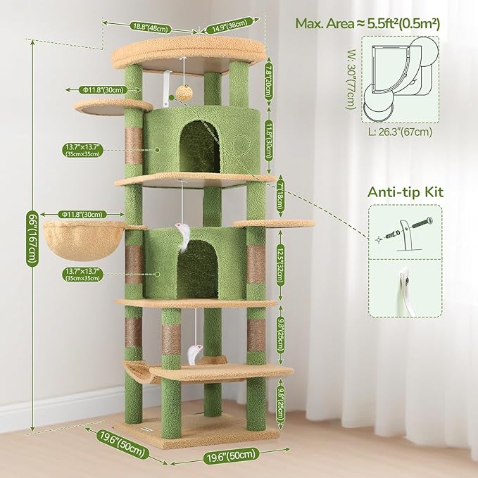 Globlazer Cactus Corner Cat Tree Tower for Large Cat, 66inch Tall Large Cat Tree Condo for Multiple Indoor Cats with 6 Scratching Posts, 2 Spacious Cat Condos, Soft Hammock, Hanging Basket, C66, Green
