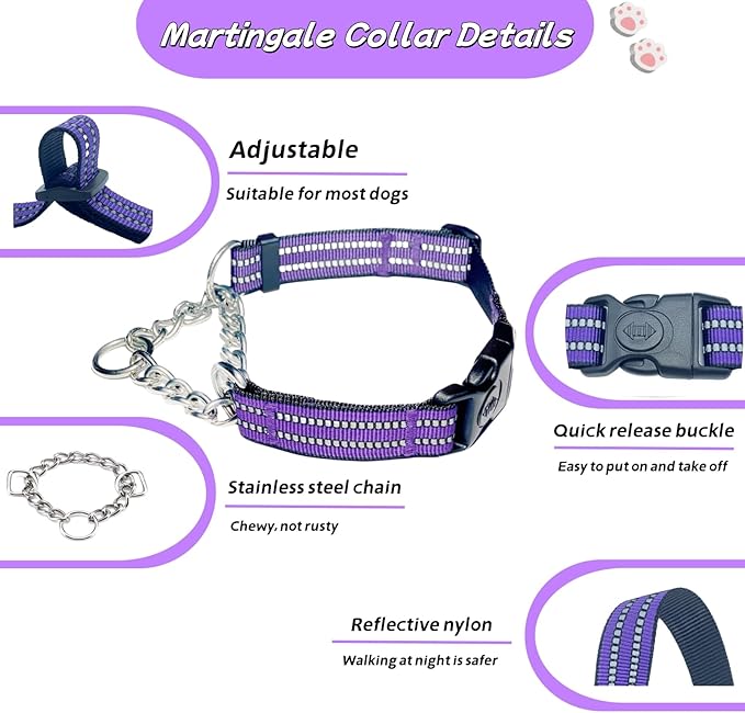 Martingale Dog Collars, Reflective Nylon Collar with Stainless Steel Chain, Adjustable Walking Training Dog Collars with Quick Release Buckle, Suitable for Small Medium Large Dogs(Purple,L)