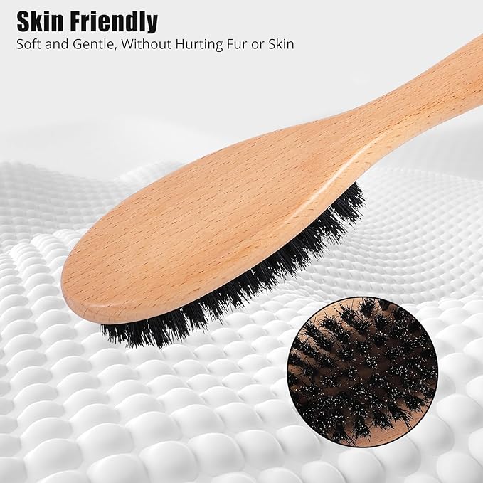 Boar Bristle Cat Brush with Wooden Handle, Soft and Gentle, Reduce Shedding, Make Coat Soft, Smooth and Shinny, Daily Grooming Tool for Short Haired Cats, Kitten