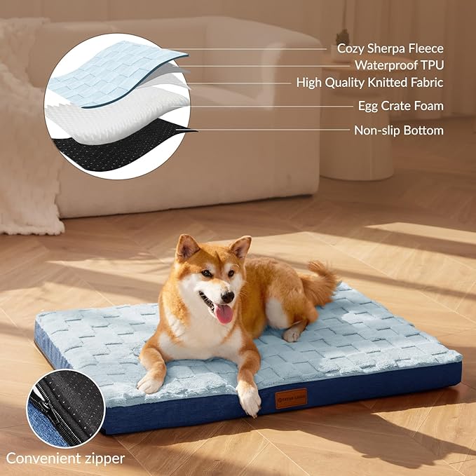 Patas Lague Orthopedic XL Dog Bed Large Sized Dog 42''X28'', Waterproof Soft Comfortable Egg Crate Foam Large Pet Beds Crate Mat with Removable Washable Cover and Nonskid Bottom, Blue