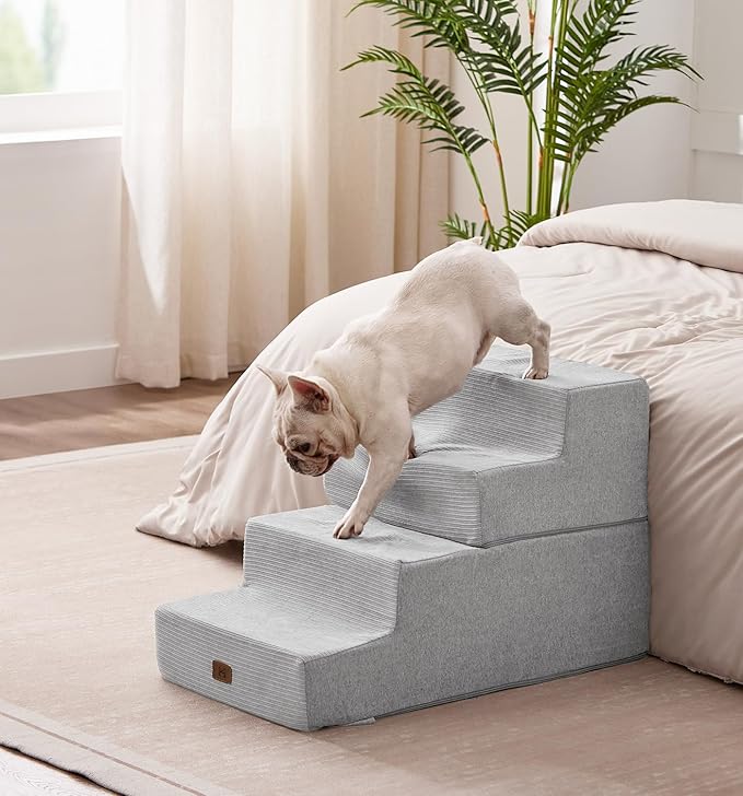 Made4Pets Dog Steps for Bed, Extra Wide Dog Stairs for High Bed Couch Sofa, 35D Foam Pet Steps for Small Dogs and Cats(Up to 40lbs), Non-Slip Bottom Pet Stairs, Light Grey, 4 Steps