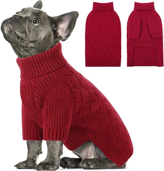 SUNFURA Small Dog Sweater, Turtleneck Dog Sweater for Cold Weather, Puppy Knitwear Pullover for Christmas Thanksgiving, Pet Winter Knitted Sweatshirt for Pug Dachshund, Red S