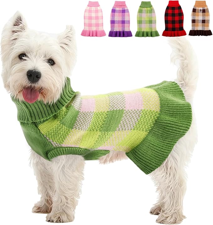 Dog Sweater Dress Plaid Knitwear for Small Medium Dogs Warm Puppy Pet Turtleneck Stretch Pullover Cute Fall Winter Vest Clothes with Leash Hole for Christmas (Green, XL)