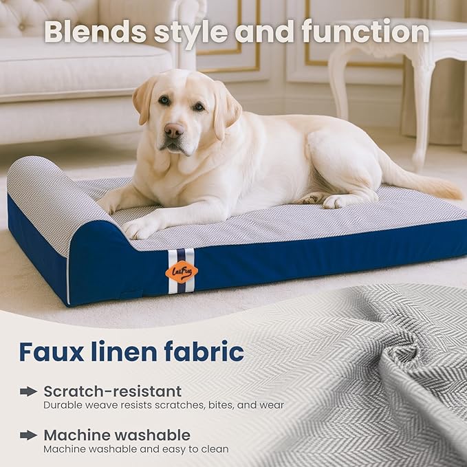 Laifug Orthopedic Memory Foam Extra Large Dog Bed with Pillow and Durable Water Proof Liner & Removable Washable Cover & Smart Design (Large (46"x28"x8"), Grey Blue)