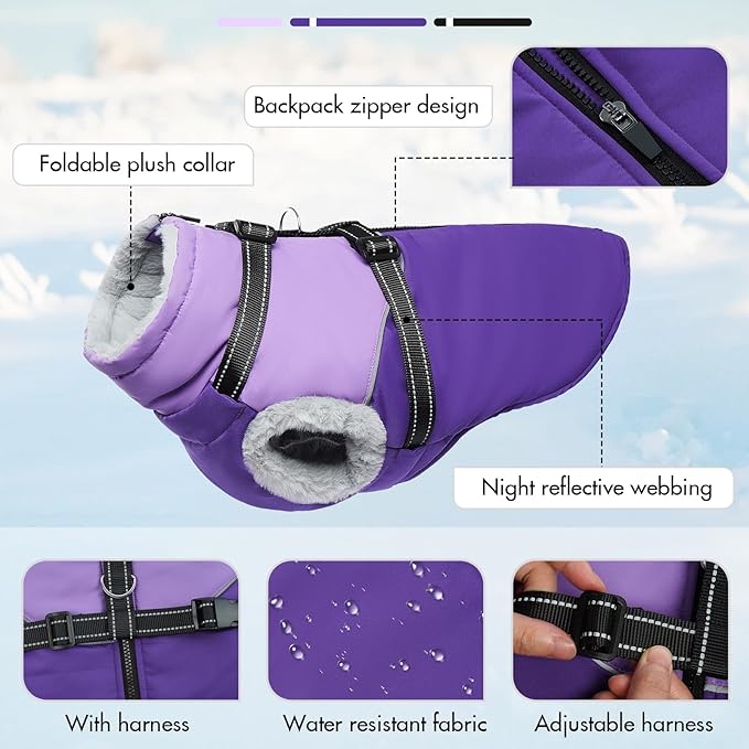 Large Dog Jacket - Built-in Harness, Waterproof & Windproof, Fleece Lined, Perfect for Snow & Winter