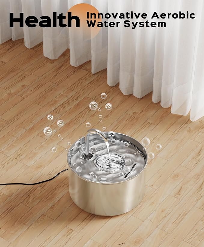 Cat Water Fountain Stainless Steel + 8 filters + 8 Sponges - Pet Water Fountains Faucet Metal Automatic Cat/Dog Waterer Bowls Pets Watering Running Bottle Water Dispenser for Drinking Ultra Quiet Pump