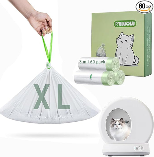 60 Count Miwow Strong Cat Liner for Automatic Litter Box, Leak-Proof & Odor-Proof Litter Box Liners Replacement Waste Bags, Compatible for Meowant and More Self-Cleaning Boxes (3 Rolls)