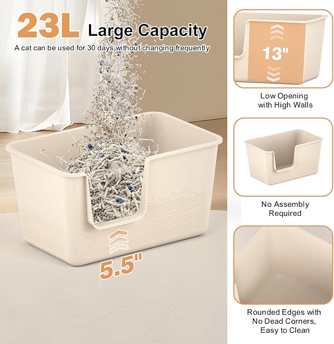 Extra Large High Sided Cat Litter Box - 24.8" L x 11.4" W x 13.0" H, XL Jumbo Kitty Litter Box for Big Indoor Cats, Tool-Free Assembly (Beige)
