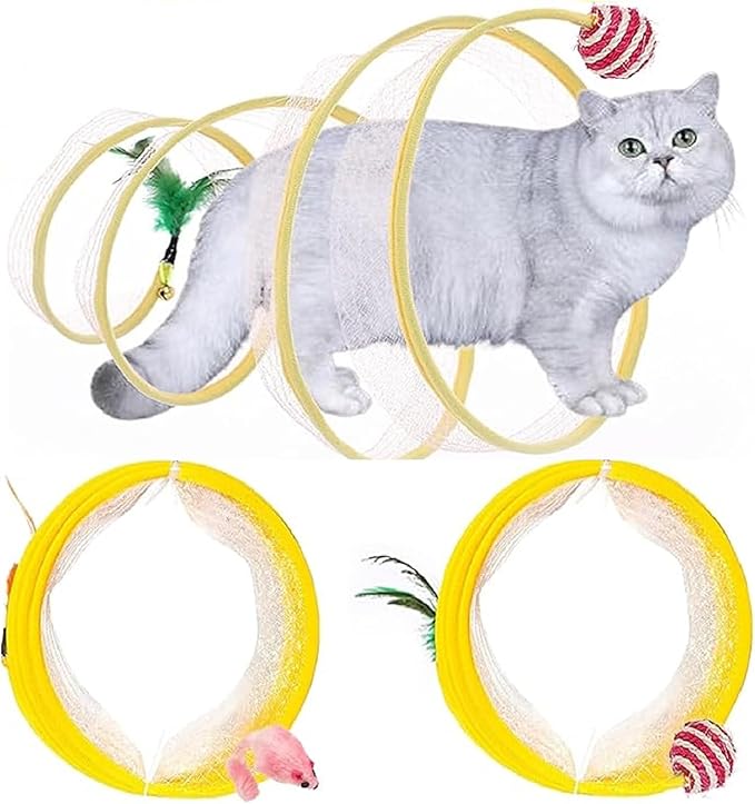2Pcs Folded Cat Tunnel Toy for Indoor Cats,Collapsible Pet Spring Cat Toys with Feather Mouse Upgrade Interactive Toy Playing Tent for Puppy Kitten Accessories Home Self-Happy Cat Toys (Yellow)