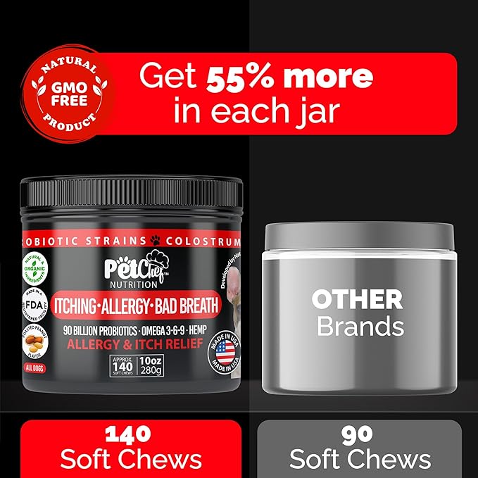 Pet Chef Dog Stop Itching & Allergy Blocker Chew - Natural Anti Itch for Dogs with Omega 3, Salmon Oil - Peanut Butter - Best Value 140 ct Dog Stop Itching Support- Safe no Chemicals All Natural