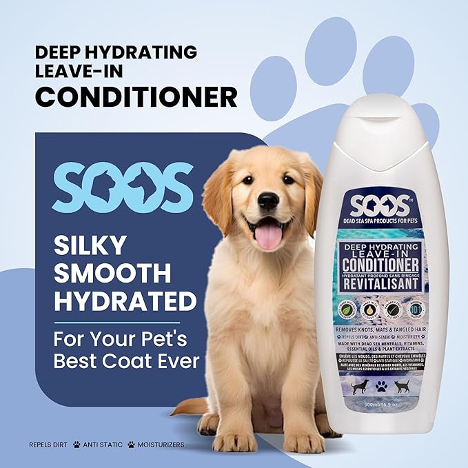 Soos Pet Deep Hydrating Leave-in Conditioner for Dogs & Cats | Natural Dead Sea Minerals | Skin Moisturizer, Polish Deeply, Reduces Shedding | Vitamins for Healthy Skin & Coat - 500ml