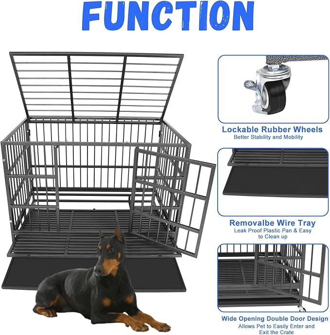 Confote 47 Inch Heavy Duty Dog Crate,High Anxiety Escape-Proof Steel Dog Crate Indestructible Dog Kennel for Medium to Large Dogs, with Lockable Wheels abd Removable Tray