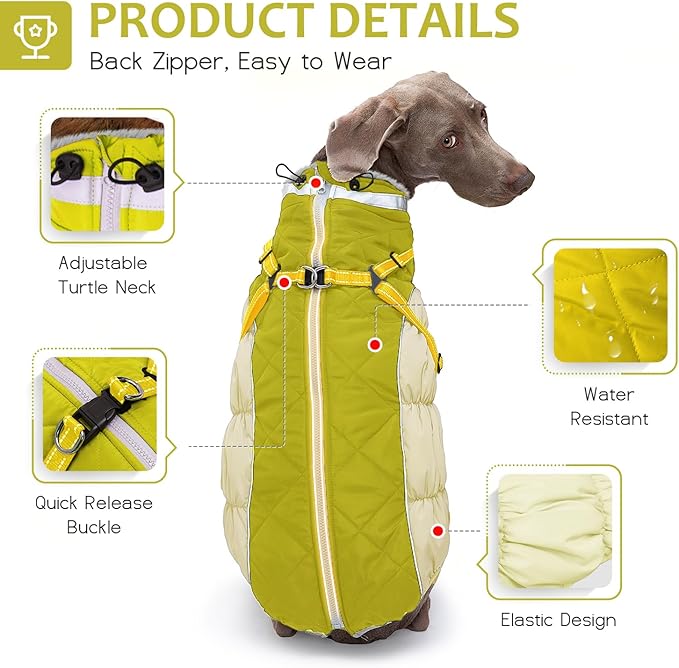 Dog Winter Coat with Harness, Dog Jacket, Pet Clothes with Zipper on Back, Waterproof Windproof Warm Vest, Reflective Cold Weather Coats, for Small Medium Large Dogs, Thick, Green, 3XL