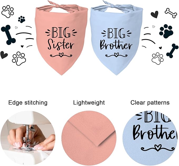 2 Pack Big Sister Big Brother Dog Bandanas, Adjustable Pet Bandana for Pregnancy Announcement, Soft Triangle Scarf for Small Medium Large Dogs, Puppy Sibling Reveal Accessories