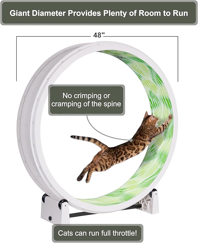 One Fast Cat - Cat Exercise Wheel - Gen. 7 - Safe 48" Diameter - Made in The USA - White Wheel with Jungle Leaves Foam Traction Pads and Solid Black Inline Wheels