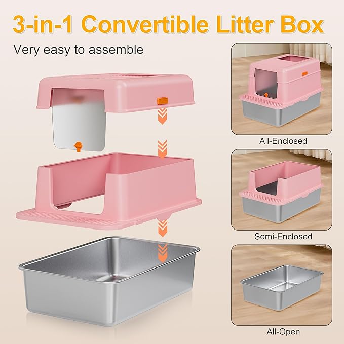 Stainless Steel Litter Box with Lid, 20L Metal Enclosed Litter Box for Big Cat, Flip-Top Design with Anti-Leakage High Sides, Large Cat Lovers Gifts, Pink