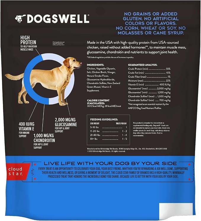 Dogswell Jerky Hip and Joint Dog Treats Grain Free Made in USA Only, Glucosamine and Chondroitin, 24 oz Chicken