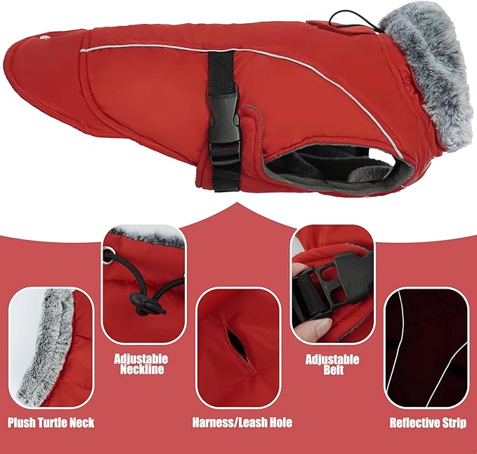 DENTRUN Extra Large Warm Dog Jacket - Windproof Water Repellent Reflective Coat, Adjustable Plush Turtleneck, Easy Wear Fleece Lined Cold Weather Vest for Great Dane, Red, XXXL
