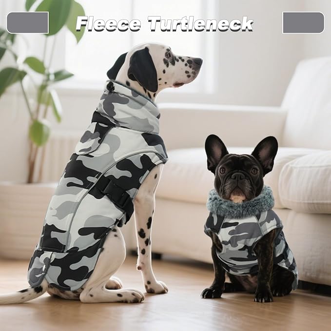 DENTRUN Medium Dog Winter Jacket - Warm Reflective Windproof Coat, Adjustable Neck & Snap Closure, Water Repellent Thick Fleece Vest, Fleece Lined for Beagle Pug, White Camo, M