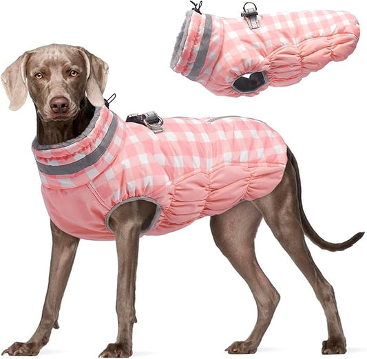 FUAMEY Dog Coat for Large Dogs,Waterproof Dog Winter Jacket with Harness Built in Puppy Cold Weather Coats Reflective Pet Vest with Zipper Warm Fleece Dogs Snowsuit Windproof Pink Plaid 2XL