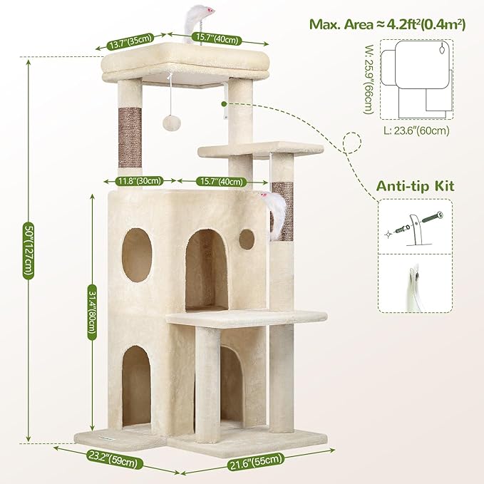 Globlazer Cat Tree Tower for Indoor Cats, 50-inch Adult Cat Tree House for Large Adult Cats with Steps, Scratching Post, 2 Cat Caves, Dangling Toys, FC50, Beige
