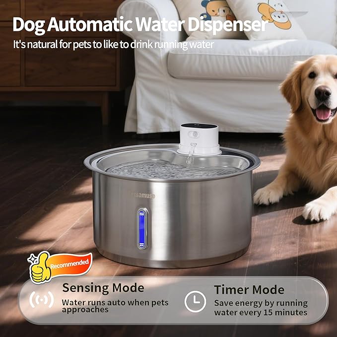11L Wireless Smart Stainless Steel Water Fountain, Petsamuse 5000MAH Battery 2.8Gal Large Dog Water Fountain with 2 Quiet Pumps Large Dog Water Dispenser with Motion Sensor, Timer Mode & 15 Filters