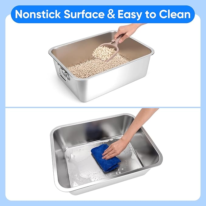 Stainless Steel Litter Box with Handle for Cat and Rabbit, 19.5" L x 13.5" W x 6" H, Odor Control Litter Pan, Fold-able Feeding Plate, Non Stick Smooth Surface