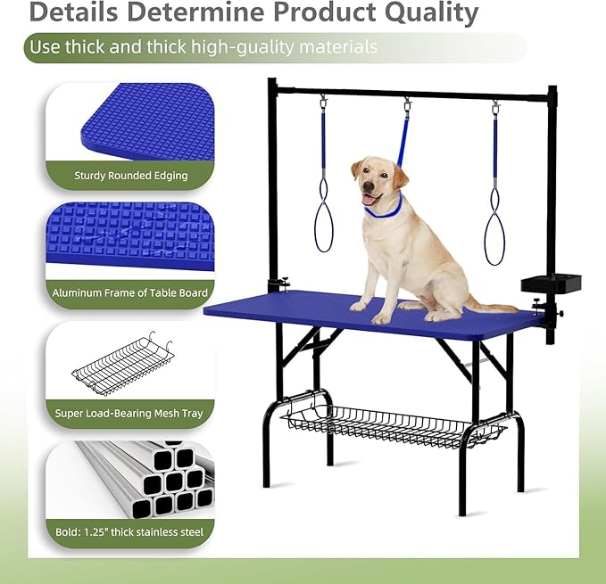 VFK 36''/47''Large Dog Grooming Table, Foldable Grooming Table for Dogs at Home Pet Grooming Station,Adjustable Cat Drying Desktop with Arms, Nooses, Mesh Tray (Basic pet Table, 47" Blue)
