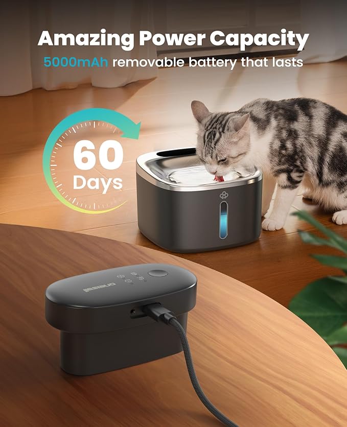 oneisall Cat Water Fountain, 3.5L/118oz Battery Operated Pet Fountain Stainless Steel, Automatic Water Fountains for Cats Indoor, Rechargeable (Hale 3.5L Black Color)