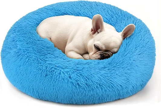 Hoewina Dog & Cat Bed, 20in Cat Beds for Indoor Cats, Calming Donut Bed for Puppy and Kitten, Washable Round Fluffy Pet Bed for Small Medium Dogs and Cats (Light Blue)
