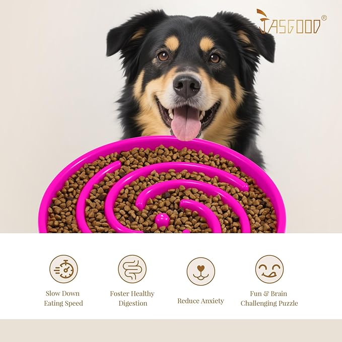 JASGOOD Slow Feeder Dog Bowl for Large Medium Dogs, Anti-Gulping Pet Slower Food Feeding Bowls, Stop Bloat, Preventing Choking, Healthy Design, R-rose red