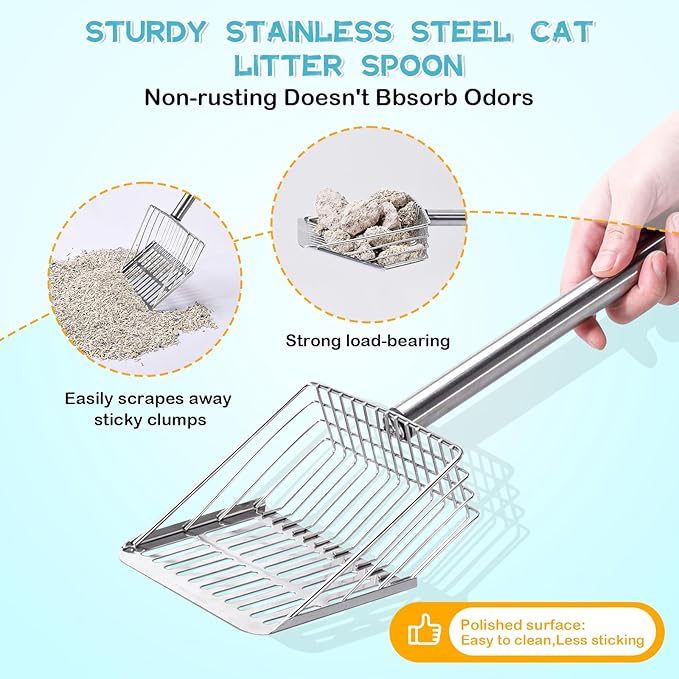 Metal Cat Litter Scoop with Holder Stainless Steel Kitten Poop Scooper, 17.5" Heavy Duty Pet Poop Sifter for Cat Box, Long Handle Large Waste Shovel, Fast Sifting Big Clumps, Solid & Durable