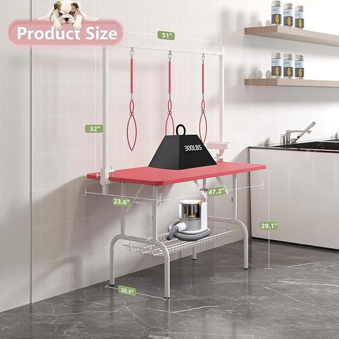 47'' Dog Grooming Table with Adjustable Arm, Foldable Pet Grooming Table for Dogs at Home, Large Grooming Station with Mesh Tray & ABS Tool Holder, Non-Slip Waterproof Surface, Capacity up to 330lbs