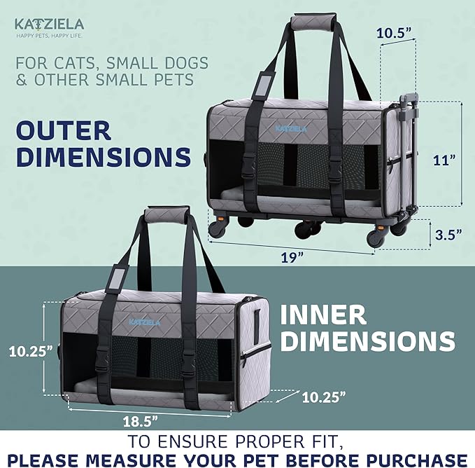Pet Carrier Airline Approved - Dog Carrier with Wheels - TSA Airline Approved Dog Carrier - Rolling Pet Carrier with Wheels for Small to Medium Size Cat or Dog - Airplane Cabin Animal (Dark Grey)