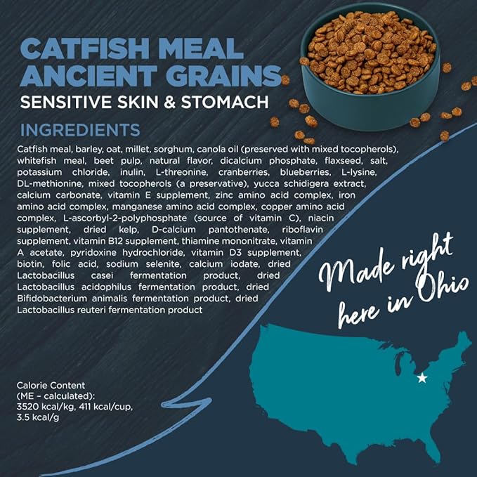 Blackwood Sensitive Skin & Stomach Dry Dog Food, Catfish Meal & Brown Rice with Ancient Grains, 24 Pound Bag with Prebiotics & Probiotics to Promote Gut Health