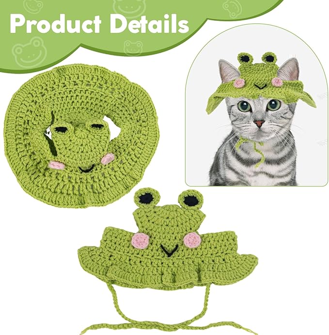 Frog Cat Hats, Cotton Cat Clothes, Cute Themed Knit Cats Bonnet for Costumes, Halloween, Christmas, Holiday Party