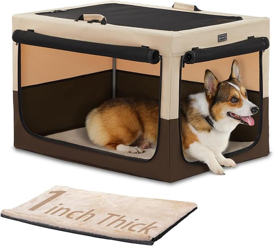 PETSFIT Collapsible Dog Crate, Portable Dog Crate - 30 Inch Easy Set-up, Light, Sturdy, Comfy Inside with Thicken Mat, Soft Sided Crate for Home and Travel Brown