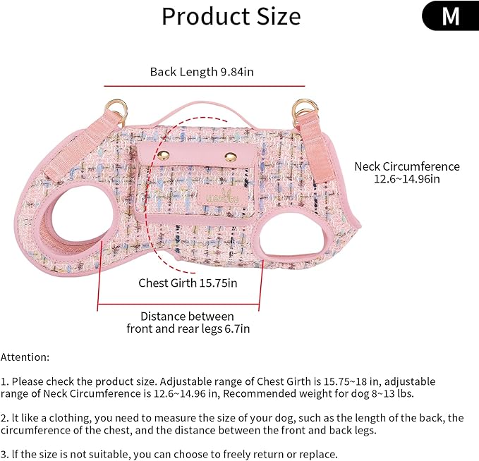 Dog Lift Harness Dog Carrier Dog VES Harness Adjustable Dog Leash with Small Puppy Treat Bag（Pink,M）