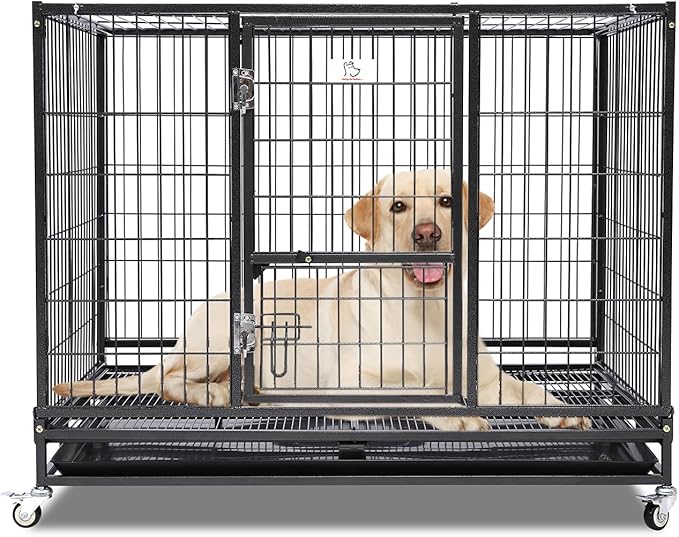 Homey Pet 43" Stackable and Collapsible Heavy Duty Dog Crate Cage Kennel with Feeding Door, Four Lockable Casters, Removable Tray and Grid, Escape Proof Dog Crate for Large Dogs