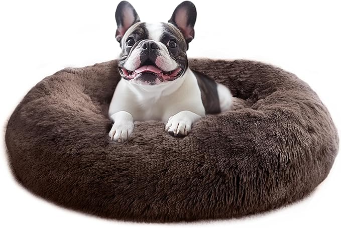 JOLLYVOGUE Calming Dog & Cat Bed for Small Dogs, Anti-Anxiety Donut Cuddler Cozy Soft Round Bed with Anti-Slip Bottom, Fluffy Faux Fur Plush Cushion Beds for Small Medium Pets (20")