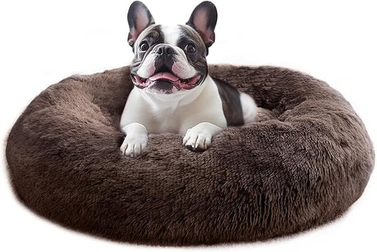 JOLLYVOGUE Calming Dog & Cat Bed for Small Dogs, Anti-Anxiety Donut Cuddler Cozy Soft Round Bed with Anti-Slip Bottom, Fluffy Faux Fur Plush Cushion Beds for Small Medium Pets (20")