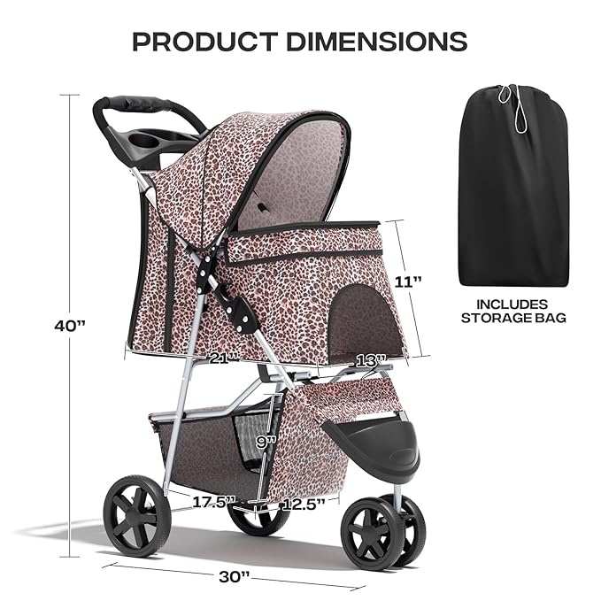 Cat Dog Stroller,3-Wheels Pet Stroller for Medium/Puppy Dogs 30 Lbs, with Storage Basket and Cup Holder, Breathable Mesh Leopard Print