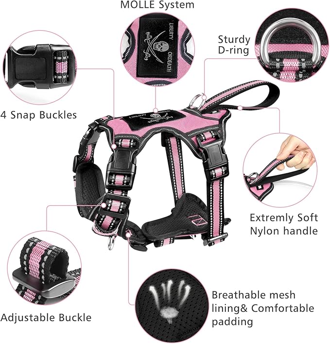 WINSEE Pet Harness Collar and Leash Set, All-in-one Reflective Dog Harness No Pull with Adjustable Buckles for Puppies, Small, Medium, Large, and Extra-Large Dogs (Medium, Pink)