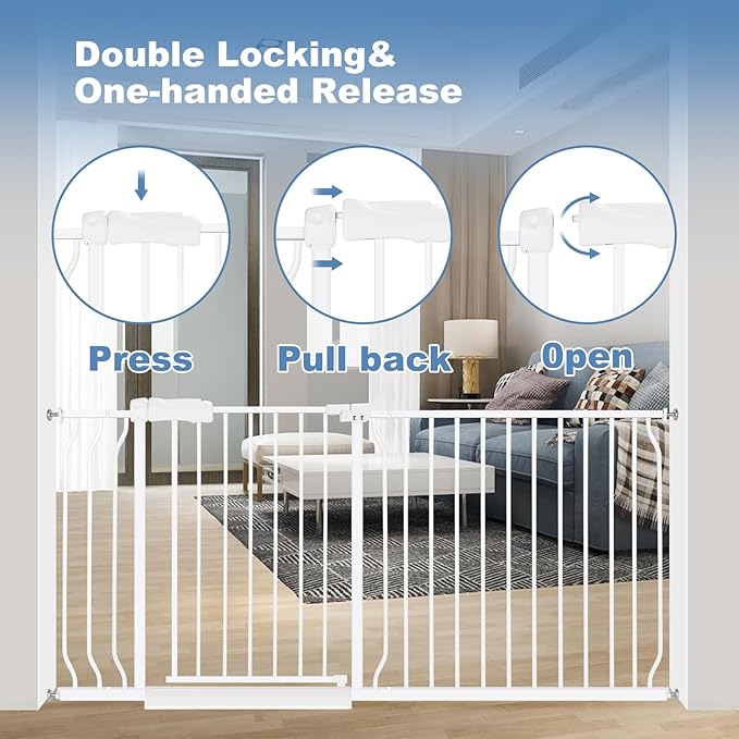 Extra Wide Baby Gate 57.5-62.2 Pressure Mounted,Child Dog Pet Safety Gates with Walk Through Door for Doorways Stairs No Drilling in Door,White