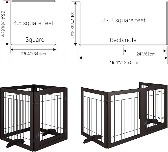Vantas Folding Pet Gate 96" Wide, 30" Tall No-Assembly Wooden Dog Gate with Door Walk Through, Freestanding Wire Pet Gate, Pet Puppy Safety Fence, with 2PCS Support – Espresso