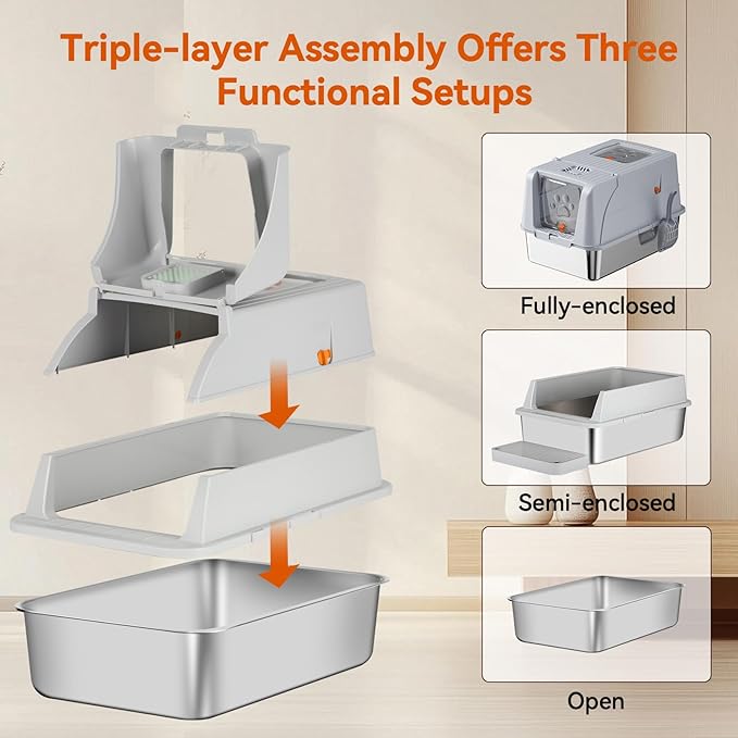 Enclosed Stainless Steel Cat Litter Box with Lid, Front & Top Flap, 180° Flip-top Design, Extra Large Metal Cat Litter Box with Scoop & Filter Pedal,Odor-Resistant (Light Gray)